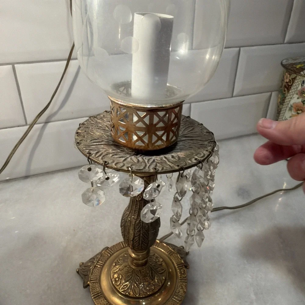 MCM Vtg Art Deco Pair Of Footed Brass Dangling Crystal Hurricane Lamps OLA0001